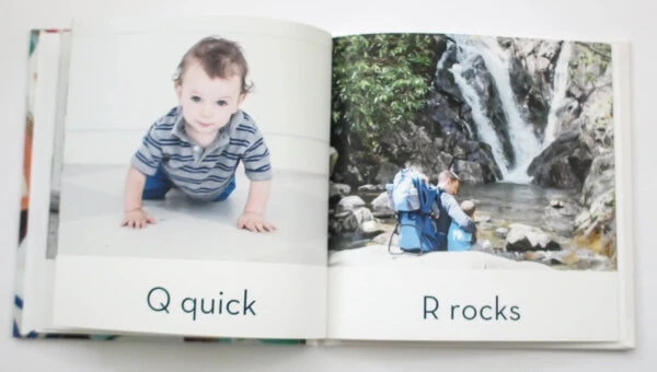 abc photo book with q for quick and r for rocks.