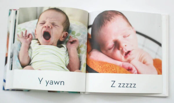 abc photo book spread with y for yawn and zzzzz.