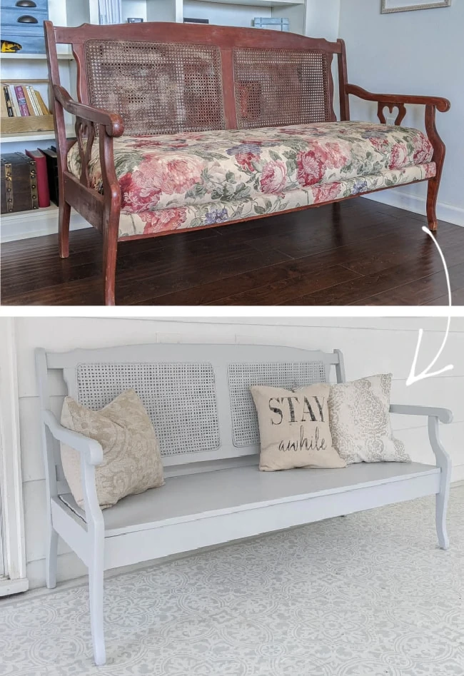 before and after of thrifted upholstered settee transformed into an outdoor bench.