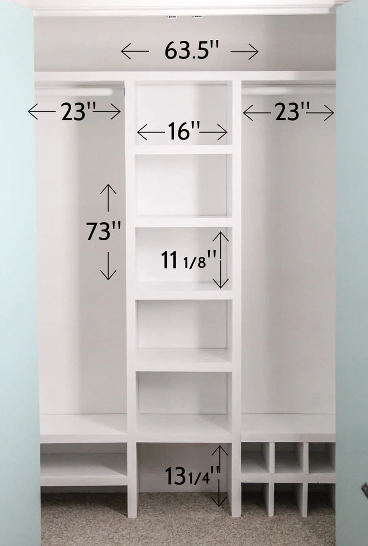 diy closet organizer with dimensions marked.