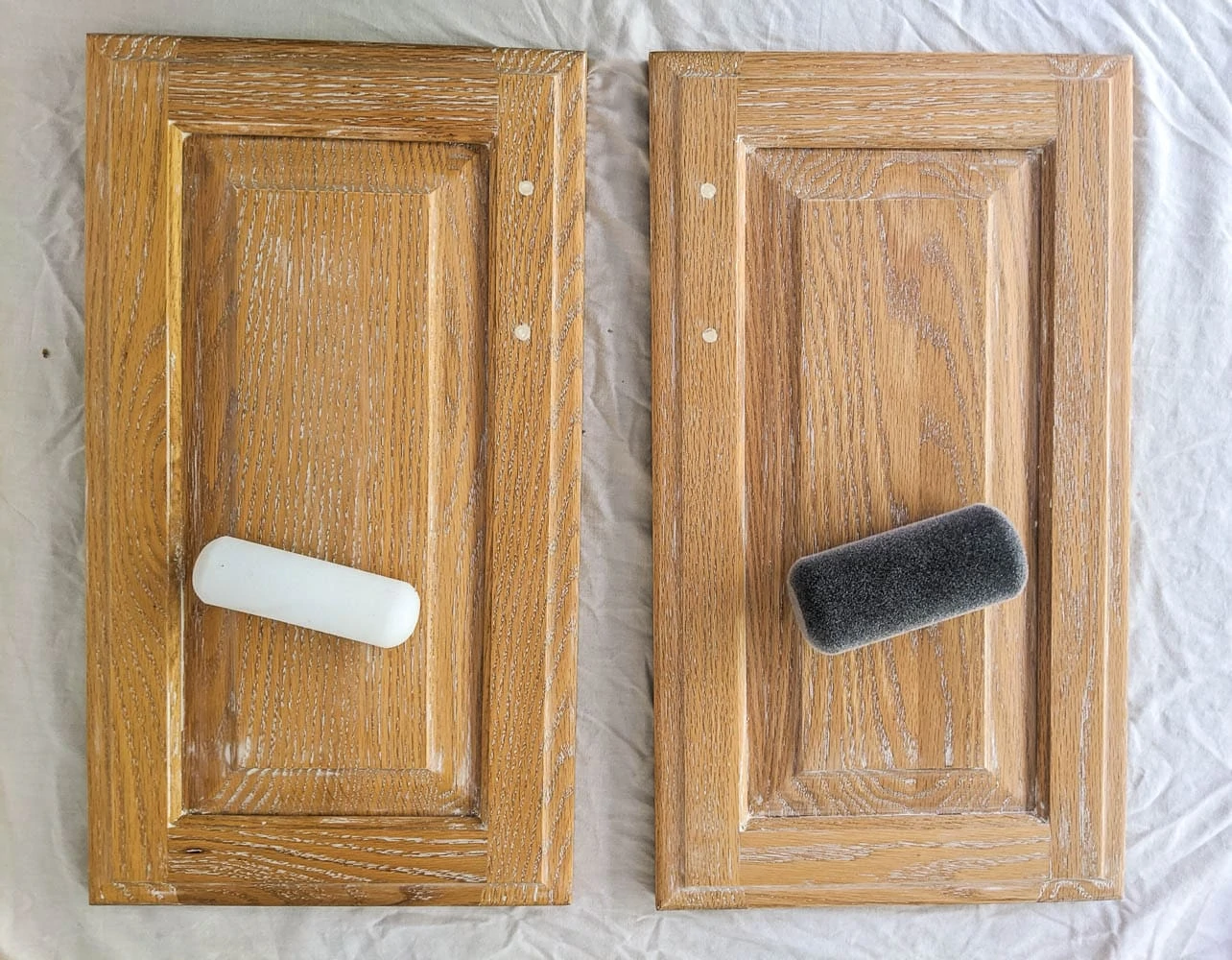 two cabinet doors with a foam paint roller and a flocked paint roller.