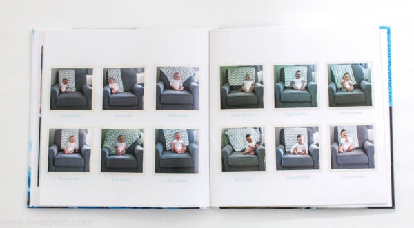 baby book spread of monthly baby photos taken in the same chair every month.
