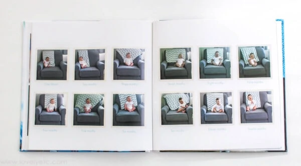 baby book spread of monthly baby photos taken in the same chair every month.
