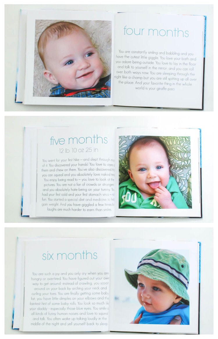monthly spreads in baby book for months four through six.