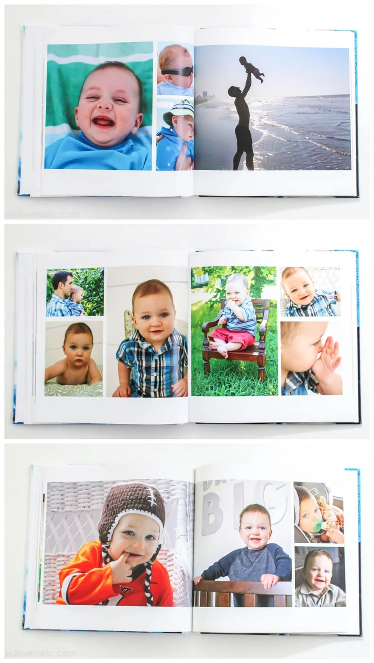 photo collage spreads in baby book.