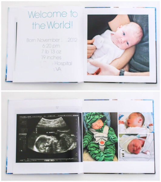 ultrasound and newborn photos in baby book.