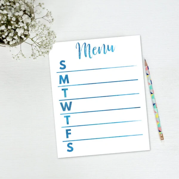 printable weekly meal planner with a clean white background and blue watercolor lettering.