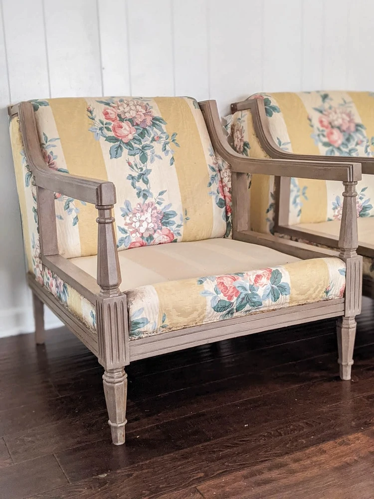 The chair frames after they've been painted to look like a lighter wood color.