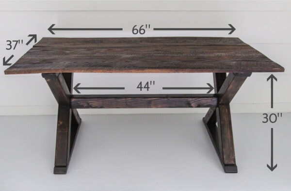 DIY farmhouse table with dimensions marked.