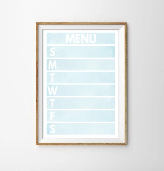 printable weekly meal planner with a light blue watercolor background in a gold frame.