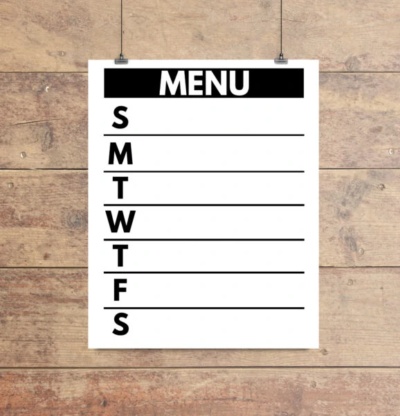printable weekly meal planner with a clean black and white design.
