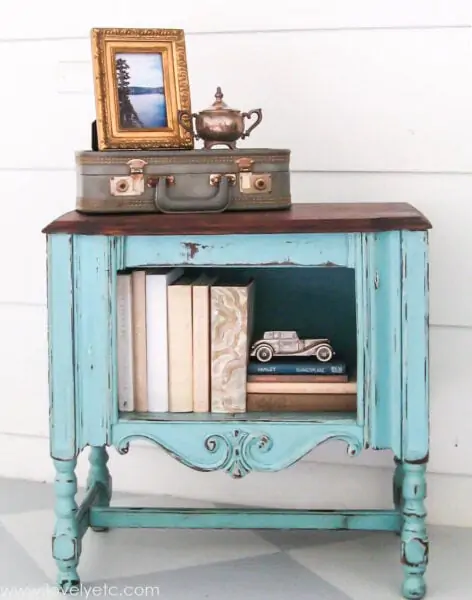 vintage wood radion cabinet painted aqua.