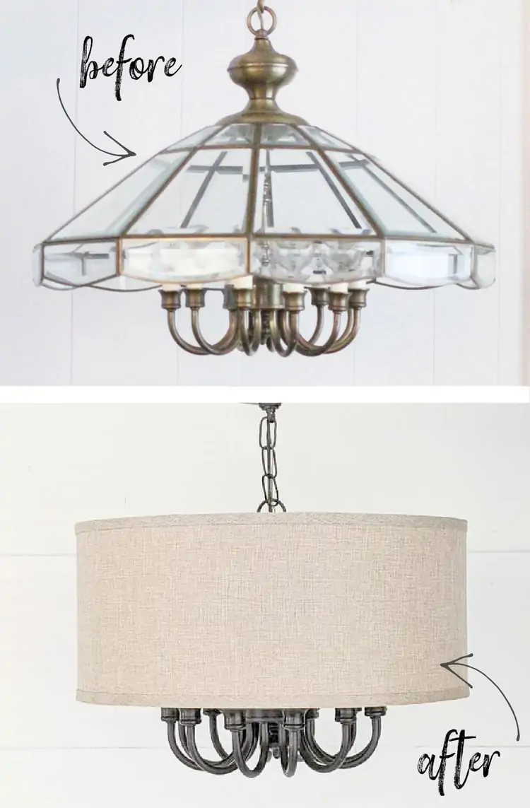 before and after of upcycled brass light fixture.