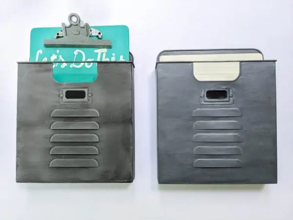 Two metal wall pockets painted to look like vintage metal.