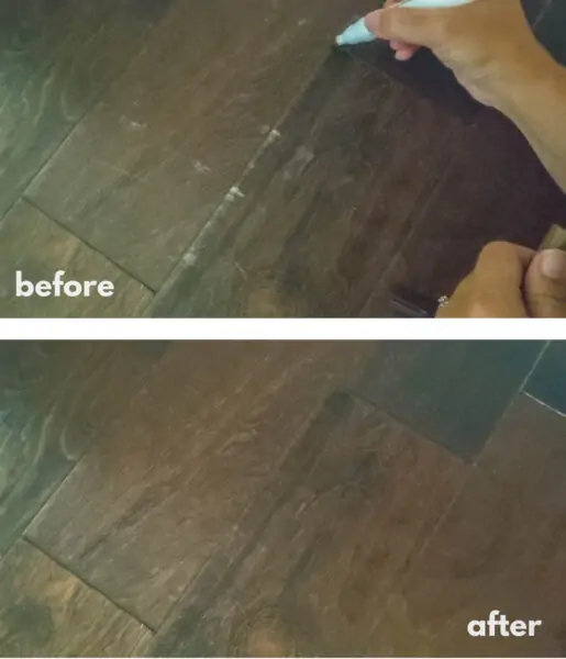 engineered wood floors before and after using a wood repair marker kit.