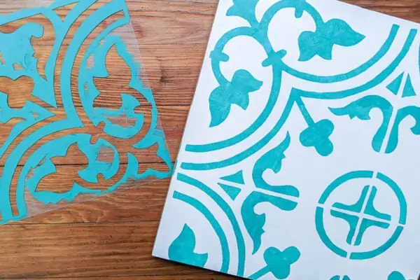 blue painted stencil on wood