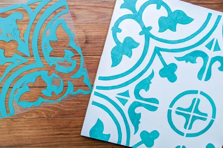 blue painted stencil on wood