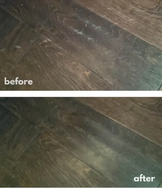scratched wood floors before and after fixing the scratches. 
