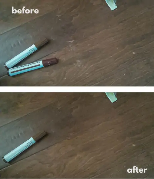 how to fix scratched wood floors - before and after photo.