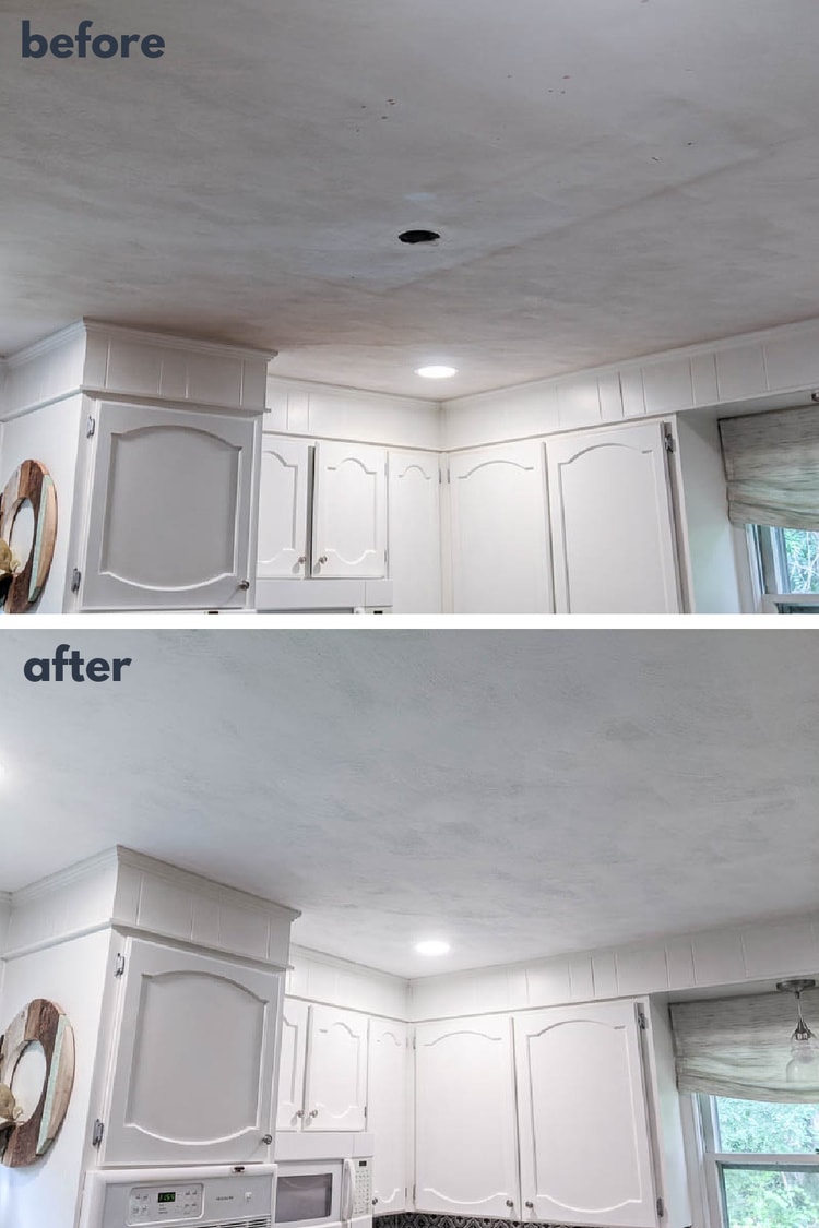 kitchen ceiling before paint next to same kitchen ceiling after fresh paint.