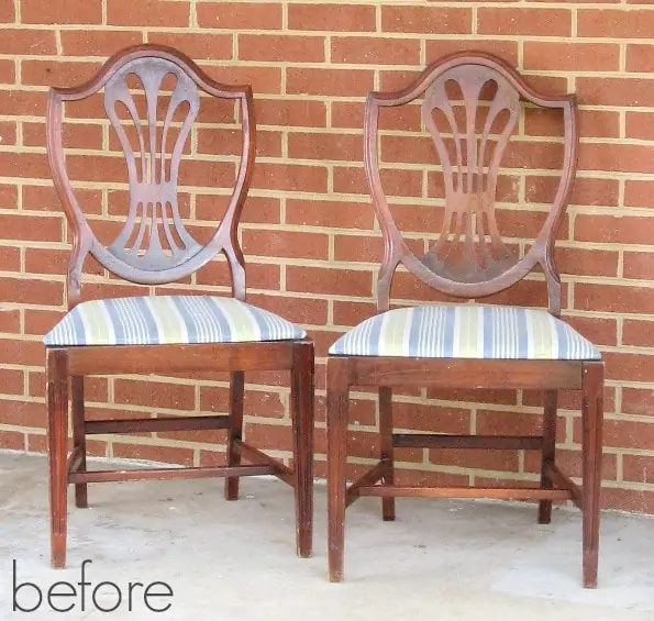 wooden chairs with striped cushions before painting and reupholstering.