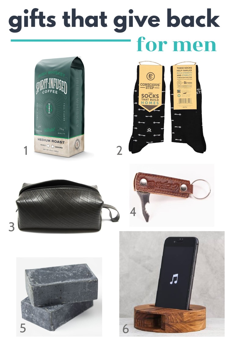 collage of gifts that give back for men including spirit infused coffee, socks, travel pouch, multi-tool, charcoal soap, and a wood phone speaker.