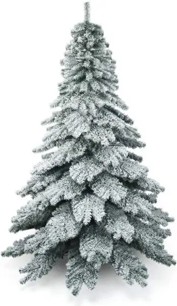 7.5 ft snow flocked hinged Alaskan pine tree.