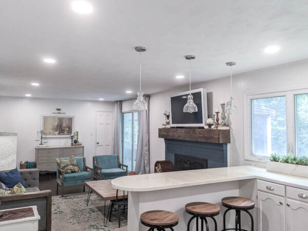 living room with freshly painted white ceiling.