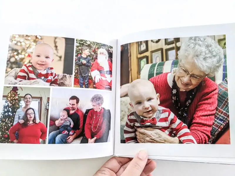 photo book open to photos of great grandmother holding baby at Christmas.