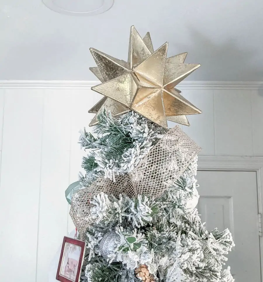 Christmas tree with gold moravian star tree topper.