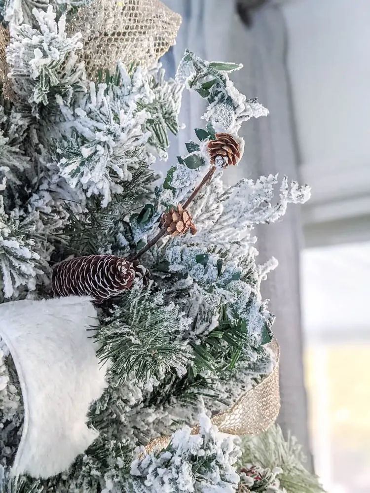 close up of Christmas tree with ribbon and a branch with pine cones sticking out.