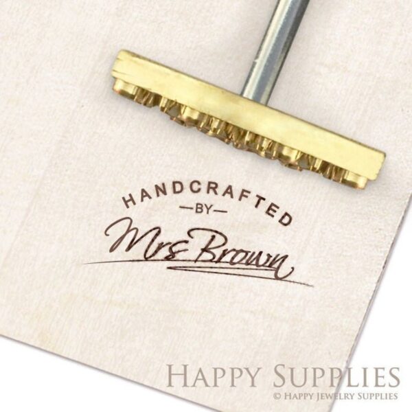 custom wood branding iron that says handcrafted by mrs. brown.
