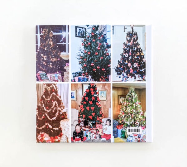 collage of six different Christmas trees throughout the years on back cover of photo book.