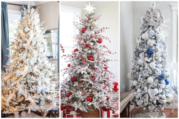 three decorated flocked christmas trees.