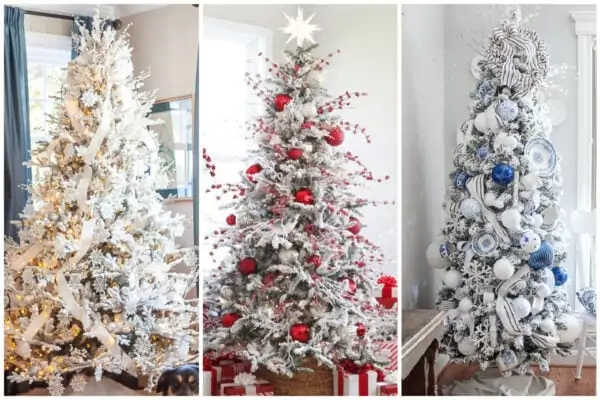 three decorated flocked christmas trees.