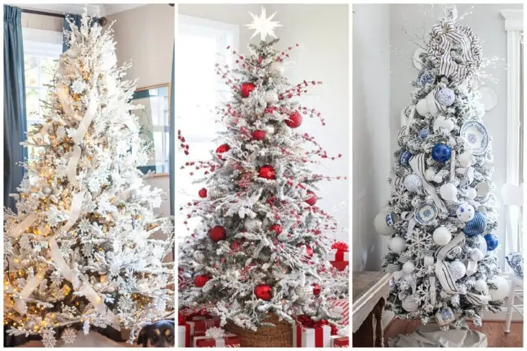 three decorated flocked christmas trees.