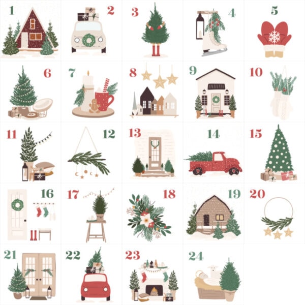 grid of all 24 Christmas scenes from the printable advent calendar.