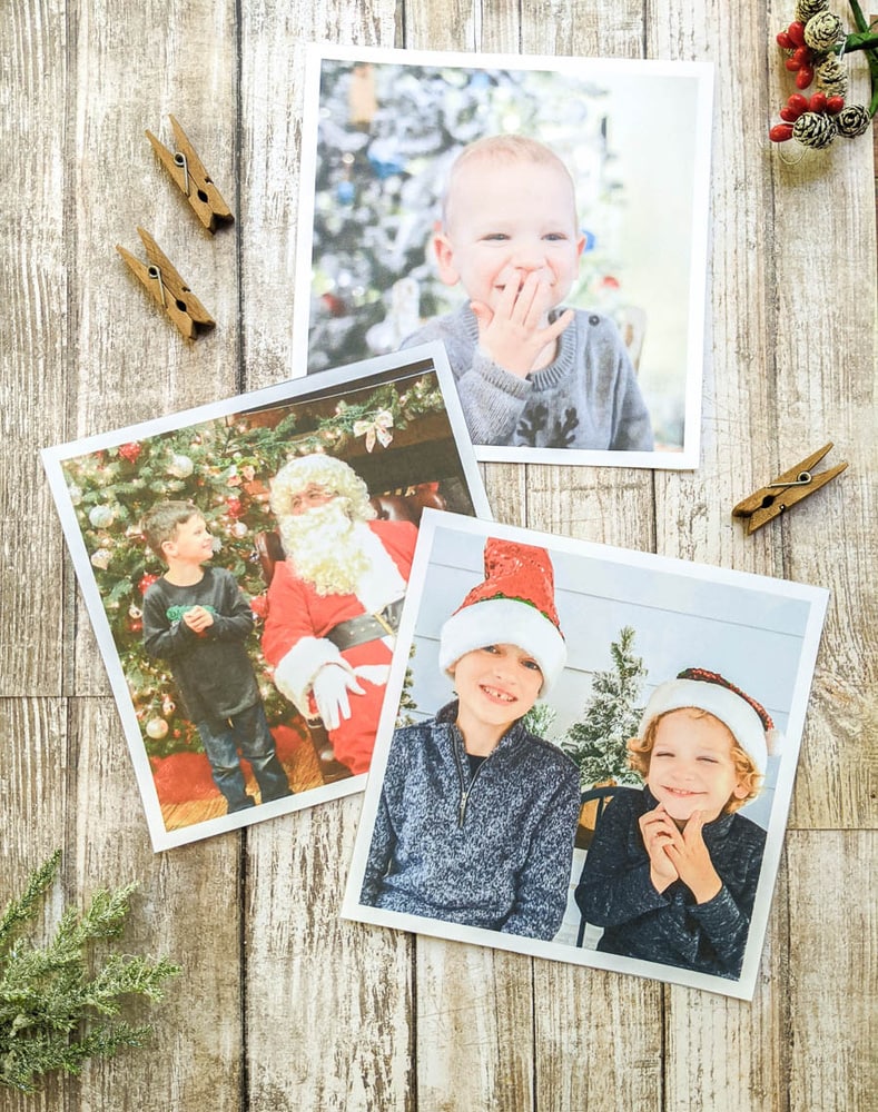 Christmas photos printed on card stock and cut out.