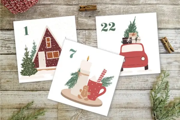 printable advent calendar with pictures of a christmas house, cups of cocoa, and a red car with a christmas tree on top.