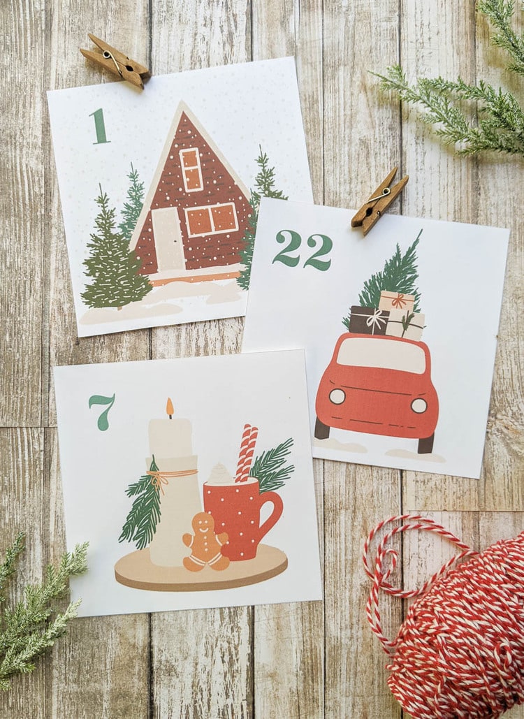3 cards from advent calendar with a snowy house scene, a car loaded with gifts, and a tray of hot cocoa.