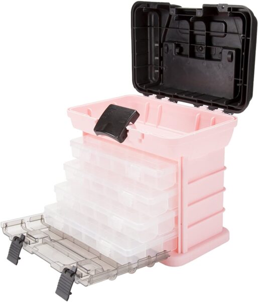 pink tool box with lots of tiny sections.