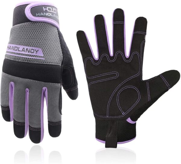 work gloves with purple trim.