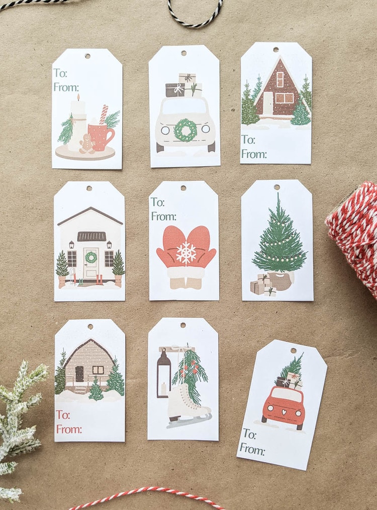 printable Christmas gift tags with pics of houses in the snow, cars with Christmas gifts on top, a Christmas tree, ice skates, and a tray with hot cocoa.