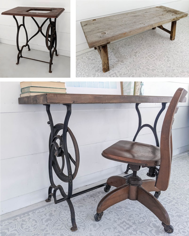 old sewing machine table, old wooden bench, and small desk made from upcycled sewing machine table and bench.