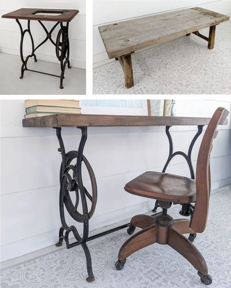 old sewing machine table, old wooden bench, and small desk made from upcycled sewing machine table and bench.
