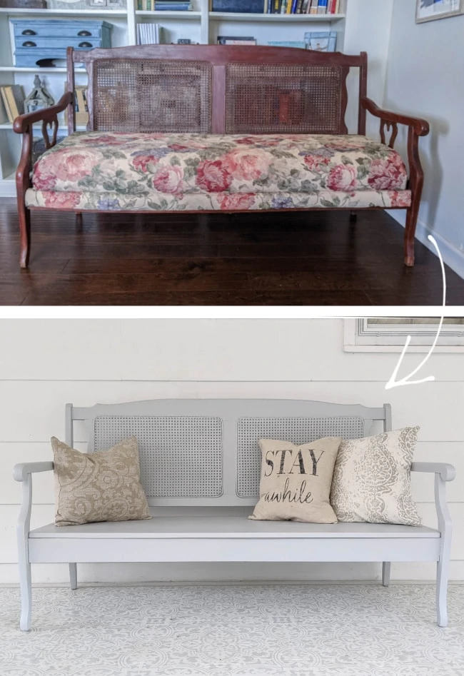 cained bench before and after makeover to make it outdoor friendly.