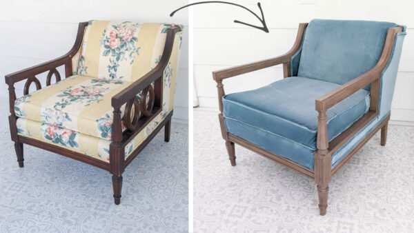 small wood armchair before and after reupholstery.