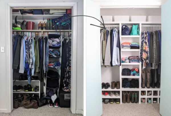small messy closet filled with clothes and small closet refilled after diy closet organizer was built.