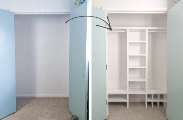 small closet with nothing inside and after diy closet organizer was added.