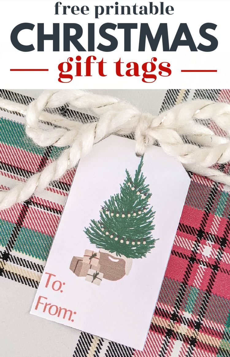 printable gift tag with image of Christmas tree on a present wrapped with white yarn and plaid wrapping paper.
